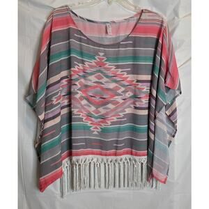 Xhilaration Ethnic Print Sheer Top/Coverup Fringe Bottom Women's Size L/XL Pink